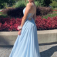 BLUE V NECK TULLE LONG PROM DRESS BLUE EVENING DRESS    cg20455