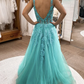 Blue v neck lace long A line prom dress blue evening dress     cg20616