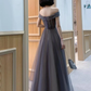 Dark Grey Tulle With Lace Applique Sweetheart Long Prom Dress, A-Line Off Shoulder Party Dress    cg20678