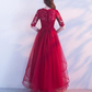 Wine Red Lace 1/2 Sleeves Tulle Long Party Dress, A-Line Layers Tulle Prom Dress    cg20679