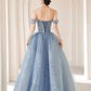 BLUE SWEETHEART NECK TULLE BEADS LONG PROM DRESS BLUE EVENING DRESS    cg20833
