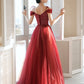 elegant A-line burgundy tulle long prom dress with spaghetti straps and off the shoulder neckline    cg20866