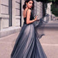 Gorgeous V-Neck Sleeveless Prom Dress,Tulle Floor Length Evening Dress,Dark Navy Satin Prom Dresses    cg20900