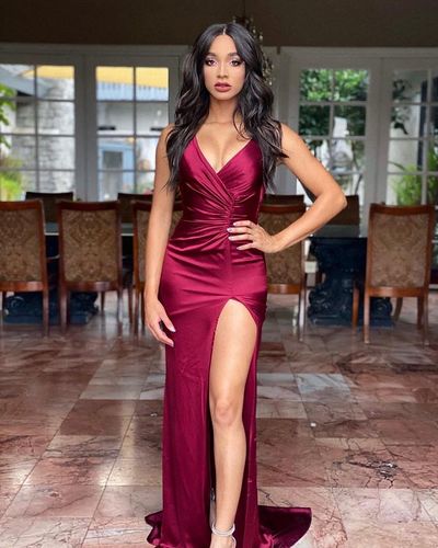 Sexy Sheath V Neck Burgundy Prom Dress with Split Front    cg20934