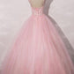 Pink round neck tulle lace long prom dress pink tulle formal dress    cg20960