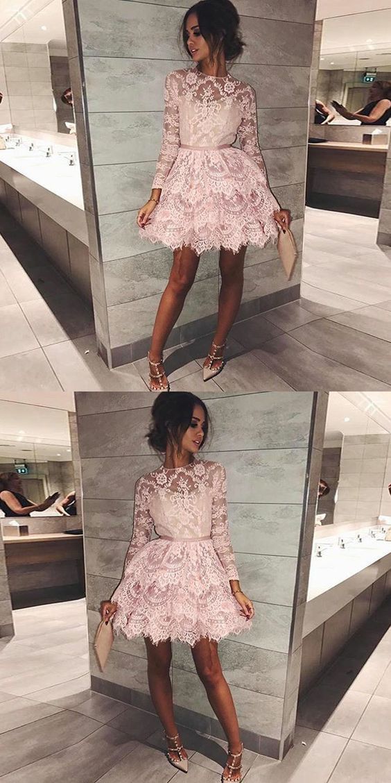 pink short homecoming dresses, long sleeves lace short dresses, lace tiered short homecoming dress with sleeves  cg210