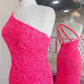 2020 one shoulder hot pink sequined prom dress    cg21068