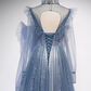 Blue Tulle Long Sleeve High Neck Backless Prom Dress    cg21100