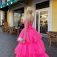 Princess A Line High Low Strapless Pink Long Prom/Evening Dress Ruffles    cg21150