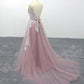 Pink Tulle V-Neck Spaghetti Straps Bridal Gown Prom Dress    cg21181