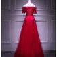 Red Tulle Short Sleeves Lace Applique Long Junior Prom Dress, Red Formal Gown    cg21182