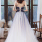 STYLISH V NECK TULLE LONG A LINE PROM DRESS BLUE EVENING DRESS    cg21204