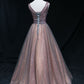 brown A-line tulle long formal dress features plunge neck with mesh insert Prom Dress,   cg21208
