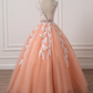Charming Coral Princess V-Neckline Formal Dress, Lace Applique Beaded Prom Dress    cg21219