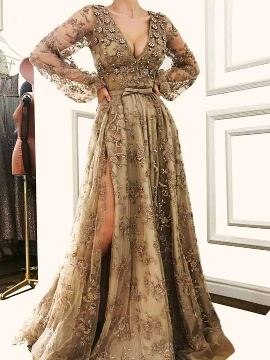 Lace Long Sleeve V Neck Prom Dress Vintage Custom Evening Dress   cg21301