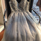 Charming V neckline Grey A Line Prom Dress with Beaded, Sexy Long Prom Dresses    cg21383