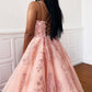 Pink lace long prom dress A line evening dress    cg21384