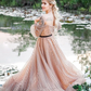 Champagne sweetheart off shoulder tulle long prom dress    cg21397