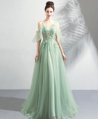 Green tulle off shoulder long prom dress, green tulle evening dress cg2143