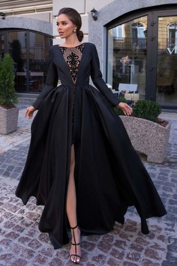 A-Line Round Neck Long Sleeves Black Long Prom Dress  cg2145