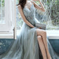 Gray v neck tulle beads long prom dress beads tulle evening dress    cg21465