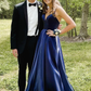 Blue satin long A line prom dress blue evening dress    cg21530