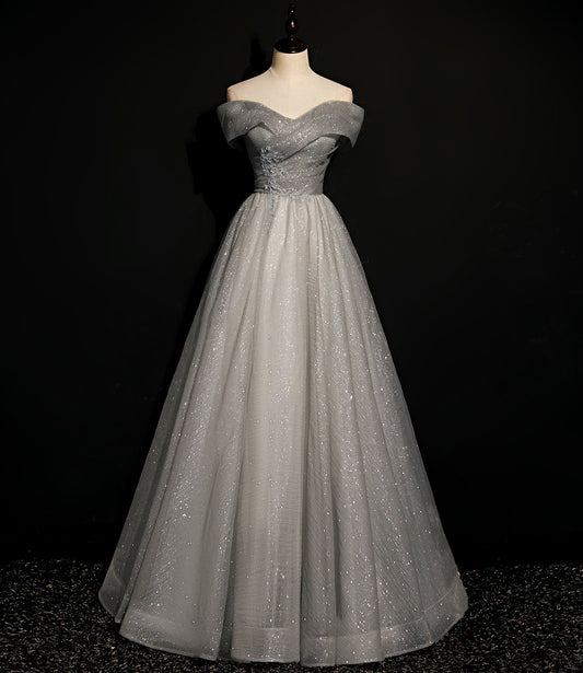 GRAY TULLE SEQUINS LONG A LINE PROM DRESS EVENING DRESS    cg21556