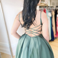 A Line V Neck Backless Green Satin Long Prom Dresses, Open Back Green Formal Dresses, Green Evening Dresses   cg21567