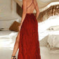 Gorgeous A-Line V Neck Spaghetti Straps Open Back Burgundy Lace Long Prom Dresses with Split,Evening Party Dresses   cg21579