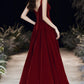 BURGUNDY VELVET LONG A LINE PROM DRESS EVENING DRESS    cg21611