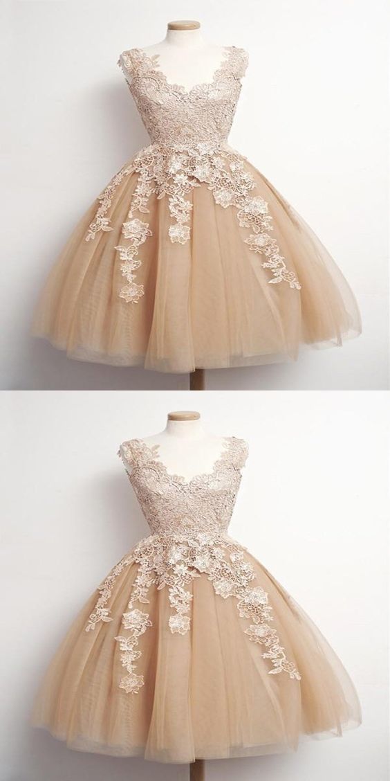 A-Line Sleeveless Champagne Short Homecoming Dresses,Appliqued Tulle Homecoming Dresses cg2165