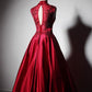Wine Red Satin Lace Beaded High Neckline Long Party Dres, Dark Red Floor Length Prom Dress   cg21675