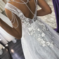 A Line V Neck Open Back Beaded Ivory Lace Long Prom Dresses with Gray Lining    cg21721