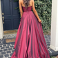 A Line V Neck Open Back Burgundy Long Prom Dresses with High Slit    cg21783