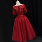 Red Lace Top Short Sleeves Tulle Tea Length Party Dress, Red Wedding Party Dress Homecoming Dress    cg21794