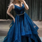 DARK BLUE V NECK TULLE SEQUIN LONG PROM DRESS BLUE FORMAL DRESS    cg21805