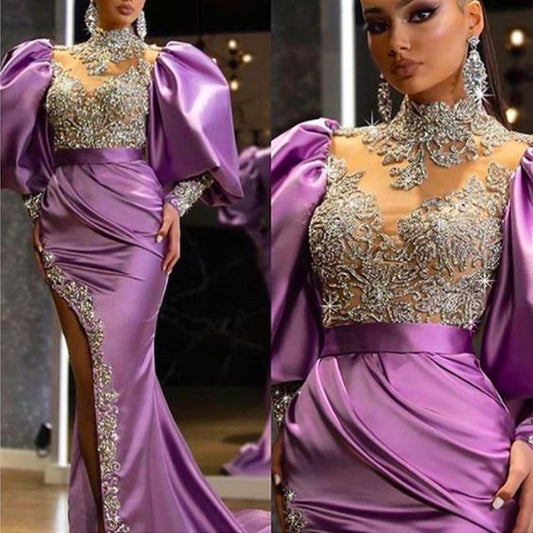 high neck long sleeve beading crystal side slit beaded evening dresses gowns long prom dress     cg21809