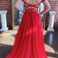 Off Shoulder Open Back Red Long Prom Dresses with High Slit    cg21826