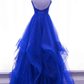 Royal Blue Shiny Tulle V-Neckline Straps Long Party Dress, A-Line Tulle Prom Dress Evening Dress   cg21830