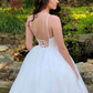 White v neck sequin tulle long prom dress white tulle formal dress    cg21865