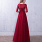 Wine Red Short Sleeves Beaded Tulle Wedding Party Dress, A-Line Tulle Long Prom Dress   cg21919