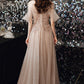 CHAMPAGNE TULLE SEQUINS LONG A LINE PROM DRESS EVENING DRESS    cg22003