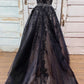 BLACK V NECK LACE LONG A LINE PROM DRESS EVENING DRESS    cg22032