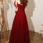 BURGUNDY TULLE LONG A LINE PROM DRESS EVENING DRESS    cg22109