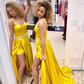 A Line Open Back Yellow Long Prom Dresses with Belt, High Slit Yellow Formal Dresses, Yellow Evening Dresses    cg22112