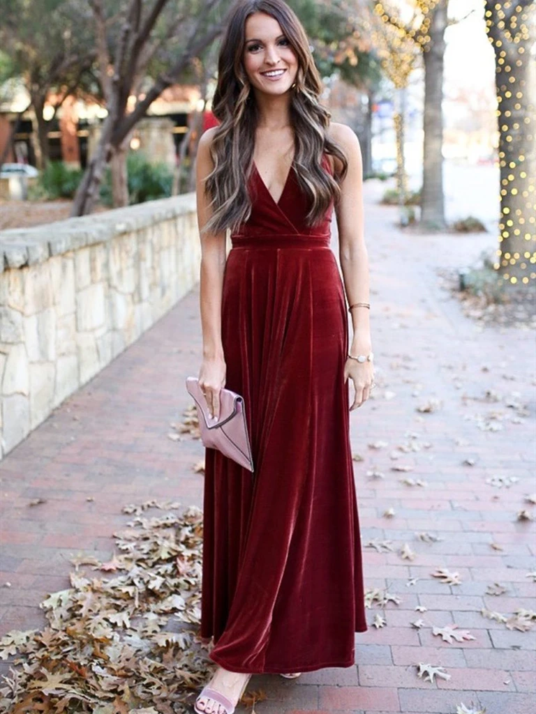 A Line Halter V Neck Backless Ankle Length Burgundy Prom Dresses    cg22164