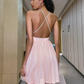 A-line V Neck Pink Short Lace，Cute Open Back Homecoming Dress     cg22172