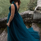 A Line V Neck and V Back Peacock Blue Long Prom Dress, V Neck Open Back Peacock Blue Formal Evening Dress    cg22173