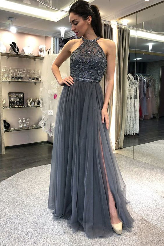 gorgeous crew beaded long prom dress, fancy split grey tulle prom dress cg2219