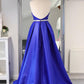 Royal Blue Satin Deep V Neck Simple Long Prom Dress Backless Party Dresses    cg22208
